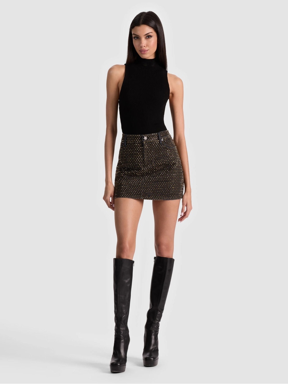 NWT ALICE + OLIVIA - JOSS EMBELLISHED DENIM SKIRT - MAYA CHARCOAL BLACK